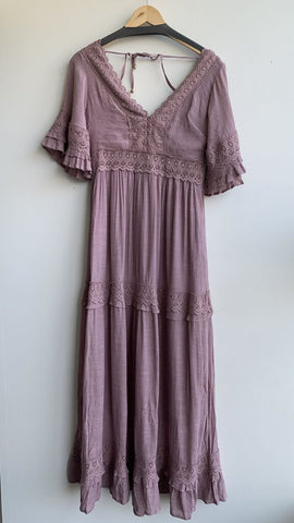 Blu Ivy Mauve Lace Trim Maxi Dress - Size Medium