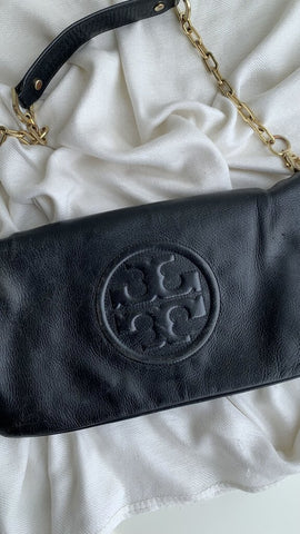Tory Burch Black Logo Envelope Style Handbag with Gold Chain