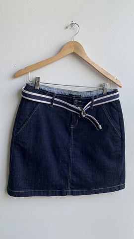 Jessica Blue Diagonal Pocket Denim Mini Skirt with White/Navy Belt - Size 6