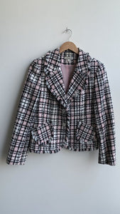 Jessica Pink/Cream and Black Plaid Tweed Chanel Style Two Button Fringe Hem Blazer - Size 10